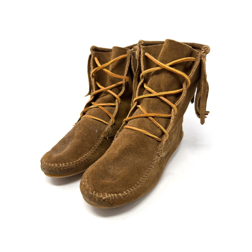 Minnetonka Womens Brown Suede Fringe Lace Up Moccasin Boots Ankle Size 6 1922